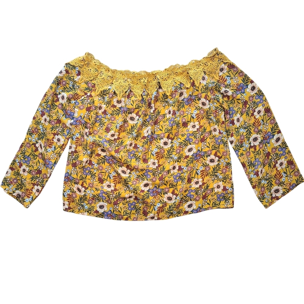 Essue Off Shoulder Floral Blouse Mustard Yellow Crochet Lace XL Boho - Picture 2 of 11